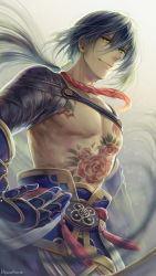 Rule 34 | 1boy, bare pectorals, black hair, blurry, blurry foreground, chest tattoo, closed mouth, commentary request, depth of field, fate/grand order, fate (series), flower tattoo, gauntlets, green eyes, hagino kouta, hair between eyes, highres, long hair, looking at viewer, low ponytail, male focus, nagatekkou, pants, pectorals, ponytail, purple pants, signature, smile, solo, tattoo, topless male, yan qing (fate)