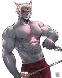 Rule 34 | 1boy, abs, bara, character request, commentary, final fantasy, final fantasy xiv, highres, holding, large pectorals, male focus, mature male, muscular, muscular male, navel, nipples, pectorals, solo, stomach, sword, tiowinwin, topless male, warrior of light (ff14), weapon