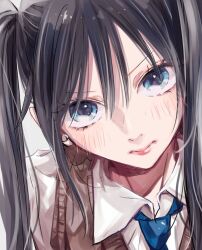 Rule 34 | 1girl, black hair, blue eyes, blue necktie, brown sweater vest, closed mouth, collared shirt, commentary, eyelashes, hair between eyes, highres, long hair, looking at viewer, necktie, original, pink lips, portrait, saitou shiori (pixiv14549321), sanpaku, shirt, solo, sweater vest, twintails, white shirt