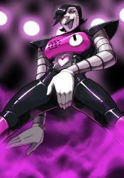 Rule 34 | 1boy, cowboy shot, crotch grab, from below, hair over one eye, highres, legs apart, mettaton, mettaton ex, robot, stage lights, tongue, tongue out, undertale, yondamoegi