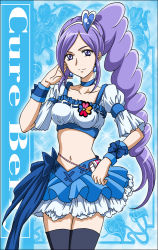 Rule 34 | 00s, 1girl, aono miki, black thighhighs, blue background, blue skirt, bow, brooch, character name, choker, crop top, cure berry, earrings, fresh precure!, hairband, hanzou, hanzou4, jewelry, long hair, magical girl, midriff, navel, precure, purple eyes, purple hair, ribbon, side ponytail, skirt, smile, solo, thighhighs, wrist cuffs
