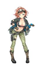 Rule 34 | 1girl, bandana, bikini, blue eyes, blush, boots, breasts, brown footwear, camouflage, cleavage, dominic shangri-la, formation girls, full body, gloves, goggles, goggles on head, highres, jacket, kamura poku, large breasts, light brown hair, looking at viewer, navel, official art, open clothes, open jacket, solo, swimsuit, torn clothes, torn jacket, transparent background