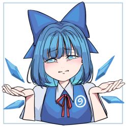 Rule 34 | blue bow, blue dress, blue eyes, blue hair, bow, circled 9, cirno, cirno day, dress, hair bow, ice, ice wings, mefomefo, red neckwear, short hair, shrugging, simple background, solo, touhou, transparent background, upper body, white background, wings