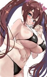 Rule 34 | 1girl, bikini, black bikini, blue eyes, blush, breasts, brown hair, cleavage, closed mouth, commentary, highres, himekaidou hatate, huge breasts, long hair, looking at viewer, navel, simple background, smile, solo, suzunooto shirasu, swimsuit, symbol-only commentary, touhou, twintails, white background