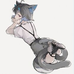 Rule 34 | 1boy, animal ear fluff, animal ears, ankle boots, artist name, black footwear, black hair, blue hair, boots, cat ears, child, collared shirt, demon horns, dokex xx, grey shorts, grey tail, head on hand, highres, horns, lying, male focus, mole, mole under eye, multicolored hair, multiple tails, on stomach, original, purple eyes, shirt, short hair, shorts, simple background, solo, suspenders, tail, two-tone hair, white background, white shirt