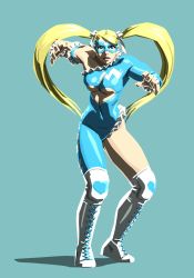 Rule 34 | 1girl, alternate costume, asymmetrical clothes, asymmetrical legwear, blue background, breasts, capcom, cleavage, cleavage cutout, clothing cutout, full body, heart cutout, highres, leotard, official art, rainbow mika, revealing clothes, simple background, solo, street fighter, street fighter v, underboob, underboob cutout