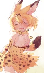 Rule 34 | 10s, 1girl, animal ears, arms behind back, blonde hair, bow, bowtie, commentary request, cowboy shot, cross-laced clothes, crying, elbow gloves, closed eyes, gloves, hideko (l33l3b), high-waist skirt, highres, kemono friends, serval (kemono friends), serval print, serval tail, shirt, short hair, skirt, sleeveless, sleeveless shirt, solo, spoilers, standing, striped tail, tail, tears, wind, wind lift