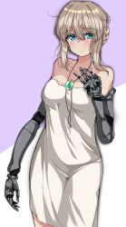 Rule 34 | 1girl, absurdres, blonde hair, blue eyes, blush, closed mouth, collarbone, expressionless, from side, highres, jewelry, kshimu, looking at viewer, mechanical arms, necklace, short hair, solo, violet evergarden, violet evergarden (series)