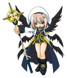 Rule 34 | 00s, 1girl, :d, bad anatomy, beret, black wings, hair ornament, hat, holding, holding staff, holding weapon, kei (fortune), looking at viewer, lyrical nanoha, mahou shoujo lyrical nanoha, mahou shoujo lyrical nanoha a&#039;s, multiple wings, open mouth, polearm, poorly drawn, schwertkreuz, simple background, smile, solo, staff, standing, thigh gap, unison (nanoha), wand, weapon, white background, wings, x hair ornament, yagami hayate