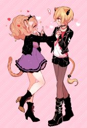 Rule 34 | 2girls, ?, animal ears, ankle boots, bad id, bad pixiv id, belt boots, big hair, black choker, black footwear, black jacket, black shorts, blonde hair, blush, boots, brown legwear, citti (show by rock!!), choker, closed mouth, cross-laced footwear, dress, eye contact, fingerless gloves, from side, gloves, heart, high heel boots, high heels, holding hands, jacket, jewelry, lace-up boots, laina (show by rock!!), light brown hair, long sleeves, looking at another, mamaloni, multiple girls, necklace, pantyhose, pink background, profile, purple dress, shirt, short dress, short hair, short shorts, shorts, show by rock!!, smile, standing, standing on one leg, tail, wedge heels, white shirt, yuri