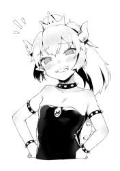 Rule 34 | 1girl, ^^^, aged down, armlet, bad id, bad twitter id, bare shoulders, blush, borrowed design, bowsette, bracelet, breasts, collar, collarbone, commentary, cropped torso, crown, dress, earrings, fangs, gem, greyscale, grin, hair between eyes, hands on own hips, head tilt, high ponytail, highres, horns, jewelry, little mare, looking at viewer, mario (series), medium hair, monochrome, new super mario bros. u deluxe, nintendo, parted bangs, pointy ears, ponytail, raised eyebrows, sharp teeth, simple background, small breasts, smile, solo, spiked armlet, spiked bracelet, spiked collar, spiked shell, spikes, strapless, strapless dress, super crown, tail, teeth, turtle shell