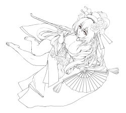 Rule 34 | 1girl, breasts, cleavage, female focus, flower, foreshortening, from above, full body, greyscale, hair flower, hair ornament, hand fan, headphones, japanese clothes, kiseru, large breasts, legs, lineart, long hair, lying, maruyama, megurine luka, monochrome, obi, oiran, sash, simple background, smoking pipe, solo, thighs, very long hair, vocaloid, white background