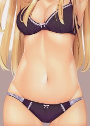 Rule 34 | 1girl, armpits, arms up, bare shoulders, black bra, black panties, blonde hair, blush, bow, bow bra, bow panties, bra, breasts, cleavage, close-up, collarbone, commentary request, groin, head out of frame, highres, kin-iro mosaic, kujou karen, long hair, lower body, medium breasts, minato ojitan, navel, panties, skindentation, solo, standing, stomach, underwear, underwear only, very long hair