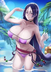 Rule 34 | 1girl, absurdres, bad id, bad twitter id, bare shoulders, beads, bikini, breasts, choker, cleavage, collarbone, eyepatch bikini, fate/grand order, fate (series), highres, kasumi saika, large breasts, long hair, looking at viewer, minamoto no raikou (fate), minamoto no raikou (fate/grand order), minamoto no raikou (swimsuit lancer) (fate), parted bangs, pouch, purple bikini, purple eyes, purple hair, rope, smile, solo, swimsuit, thighs, very long hair, wading, water