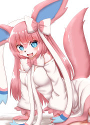 Rule 34 | 1girl, :3, animal ears, animal nose, arm support, bare shoulders, bed sheet, blue eyes, blush, body fur, bow, breasts, creatures (company), dress, fang, female focus, fox ears, fox tail, frilled dress, frilled sleeves, frills, furry, furry female, game freak, gen 6 pokemon, hair bow, hair ribbon, happy, highres, horokusa (korai), leaning to the side, long hair, long sleeves, looking at viewer, medium breasts, nintendo, off-shoulder dress, off shoulder, open mouth, personification, pink fur, pink hair, pokemon, pokemon (creature), ribbon, sidelocks, simple background, smile, solo, sylveon, tail, tail raised, two-tone fur, white background, white bow, white dress, white fur, white ribbon
