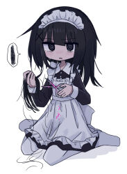 Rule 34 | 1girl, @ @, apron, black dress, black eyes, black hair, blood, blood on clothes, buttons, censored, censored text, collared dress, crying, crying with eyes open, cutting hair, dress, frilled apron, frills, full body, hair ornament, holding, holding hair, holding scissors, kanikan, long hair, long sleeves, looking at viewer, maid, maid apron, maid headdress, no shoes, open mouth, original, pantyhose, pink blood, scissors, simple background, sitting, sleeve cuffs, solo, speech bubble, tears, wariza, white apron, white background, white pantyhose, x hair ornament