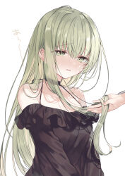 Rule 34 | 1girl, 1other, bare shoulders, black dress, blush, breasts, cecilia (shiro seijo to kuro bokushi), dress, frilled dress, frills, green eyes, green hair, hair between eyes, half-closed eyes, kazutake hazano, long hair, long sleeves, looking away, looking down, medium breasts, nose blush, off-shoulder dress, off shoulder, parted lips, shiro seijo to kuro bokushi, simple background, solo focus, sweat, translation request, upper body, very long hair, white background