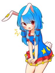 Rule 34 | 1girl, animal ears, blue dress, blue hair, blush, rabbit ears, rabbit tail, commentary request, dress, dress tug, highres, inon, long hair, low twintails, open mouth, red eyes, seiran (touhou), short dress, simple background, solo, tail, touhou, twintails, white background