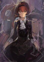 1boy 1girl absurdres ascot big_o_(mecha) black_dress black_hairband bob_cut brown_eyes closed_mouth dress hairband highres kaamin_(mariarose753) long_sleeves looking_at_viewer mecha r_dorothy_wayneright robot roger_smith short_hair smile the_big_o unfinished white_ascot