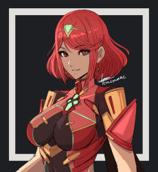 Rule 34 | 1girl, artist name, breasts, cm lynarc, dark background, earrings, female focus, hair ornament, highres, jewelry, large breasts, looking at viewer, matching hair/eyes, navel, pyra (xenoblade), red eyes, red hair, short hair, signature, smile, solo, swept bangs, upper body, xenoblade chronicles (series), xenoblade chronicles 2