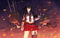 Rule 34 | 10s, 1girl, black hair, blood, gloves, gradient background, kantai collection, long hair, ponytail, rain, red eyes, school uniform, solo, turret, yahagi (kancolle), yue (tada no saboten), yue (yueanh)