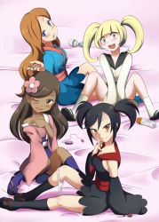 Rule 34 | 10s, 4girls, black hair, blonde hair, blue nails, blush, bow, breasts, brown hair, cleavage, collarbone, comic, creatures (company), dark-skinned female, dark skin, detached sleeves, dress, earrings, flower, furisode girl (pokemon), furisode girl blossom, furisode girl kali, furisode girl katherine, furisode girl linnea, game freak, hair bow, hair flower, hair ornament, happy, japanese clothes, jewelry, kimono, knees, legs, long hair, multiple girls, nail polish, nintendo, npc trainer, one eye closed, pokemon, pokemon xy, sandals, skirt, smile, socks, spread legs, traditional clothes, twintails, wink