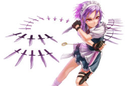 Rule 34 | 1girl, alternate hair color, bad id, bad pixiv id, braid, dual wielding, embodiment of scarlet devil, female focus, fingerless gloves, gloves, holding, holster, izayoi sakuya, knife, kurione (zassou), maid, maid headdress, pocket watch, purple hair, red eyes, short hair, silver hair, simple background, solo, thigh holster, throwing knife, touhou, twin braids, watch, weapon, x arms