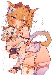 Rule 34 | ..., 2girls, ?, animal ears, arms under breasts, bare shoulders, black gloves, blonde hair, blue eyes, blush, breasts, cat ears, cat tail, cleavage, double-parted bangs, fingerless gloves, floating hair, flying sweatdrops, genshin impact, gloves, hair between eyes, hair intakes, highres, looking at viewer, lumine (genshin impact), mouth hold, multiple girls, navel, otintin, paimon (genshin impact), panties, paw pose, simple background, steaming body, sweat, tail, thigh gap, thighhighs, underwear, very sweaty, white background, white hair, white panties, white thighhighs, yellow eyes