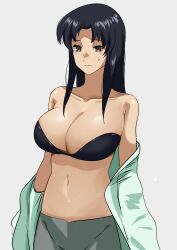 Rule 34 | 1girl, absurdres, black bra, black hair, blush, bra, breasts, brown eyes, grey pants, highres, kiryuu mimori, large breasts, long hair, navel, off shoulder, open clothes, open shirt, pants, parted bangs, scryed, shirt, simple background, solo, strapless, strapless bra, sweatdrop, tomo0843, underwear, white background, white shirt