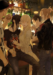 Rule 34 | 2girls, 3boys, alcohol, arm around waist, bar (place), baseball cap, beer, black hair, blonde hair, bottle, bracelet, brown eyes, brown hair, chair, contemporary, couple, denim, dress, drink, glass, hair over eyes, half updo, hand in pocket, hand on another&#039;s hip, hat, jacket, jeans, jewelry, lace, long hair, multiple boys, multiple girls, open mouth, original, pants, qi fang, qiu tong, shirt grab, short hair, sitting, smile, standing, sun jing, sq (series), tanjiu, watch, yellow eyes, yuri