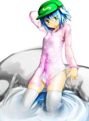 Rule 34 | 1girl, alternate costume, bad id, bad pixiv id, blue hair, blush, female focus, green eyes, hair bobbles, hair ornament, hat, kawashiro nitori, ku-ba, one-piece swimsuit, open mouth, partially submerged, school swimsuit, see-through, short hair, smile, solo, swimsuit, swimsuit under clothes, thighhighs, touhou, twintails, two side up, wading, water, white thighhighs