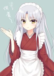 Rule 34 | 1girl, alternate costume, angel beats!, apron, cowboy shot, enmaided, frilled apron, frills, grey background, japanese clothes, kimono, long hair, looking at viewer, maid, maid headdress, nakamura hinato, red kimono, silver hair, simple background, smile, solo, standing, tenshi (angel beats!), translation request, wa maid, white apron, yellow eyes