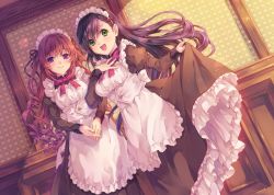 Rule 34 | 2girls, :d, apron, bad id, bad pixiv id, black hair, blush, clothes lift, dress, dress lift, green eyes, hand on own chest, long hair, long sleeves, looking at viewer, maid, maid apron, maid headdress, multiple girls, natsu natsuna, open mouth, original, purple eyes, red hair, smile