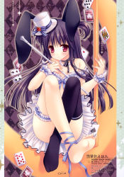 Rule 34 | 1girl, absurdres, animal ears, arm garter, bare shoulders, barefoot, baton, between toes, blush, card, convenient leg, floating card, feet, floating card, holding with feet, hat, highres, jewelry, bridal garter, long legs, mini hat, mini top hat, necklace, original, playing card, purple hair, rabbit ears, red eyes, ribbon, single thighhigh, soles, solo, tatekawa mako, thighhighs, toes, top hat, wrist cuffs