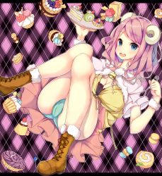 Rule 34 | 1girl, :d, absurdres, blue eyes, blush, breasts, cake, cameltoe, cleavage, food, highres, horns, large breasts, open mouth, original, panties, pink hair, shirohina, smile, solo, tongue, underwear