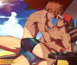 Rule 34 | 2boys, abs, alternate costume, bara, bare pectorals, baseball cap, beach, blue jammers, blue male swimwear, blue oak, blue swim trunks, blush, brown eyes, brown hair, bulge, cloud, cloudy sky, couple, creatures (company), feet out of frame, game freak, hat, jammers, large pectorals, lvlv, male focus, male swimwear, multiple boys, muscular, nintendo, nipples, orange eyes, orange hair, pectorals, poke ball, pokemon, pokemon sm, red (pokemon), red hair, shadow, short hair, sideburns, sitting, sitting on person, sky, spread legs, swim trunks, swimsuit, thick thighs, thighs, yaoi