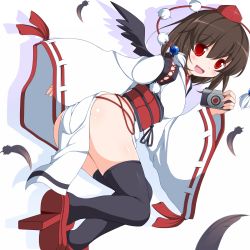 Rule 34 | 1girl, alternate costume, ass, black hair, black thighhighs, black wings, blush, brown hair, camera, feathers, female focus, geta, highres, japanese clothes, kourindou tengu costume, looking at viewer, md5 mismatch, nikku (ra), obi, open mouth, red eyes, sash, shameimaru aya, short hair, simple background, smile, solo, thighhighs, touhou, white background, wide sleeves, wings