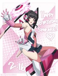 Rule 34 | 1girl, absurdres, arm behind back, armpits, bare shoulders, black hair, breasts, chuunioniika, commentary, covered navel, elbow gloves, english commentary, gloves, happy birthday, highres, microskirt, open mouth, pink gloves, pink thighhighs, purple eyes, senki zesshou symphogear, skirt, small breasts, solo, thighhighs, tsukuyomi shirabe, twitter username, yo-yo
