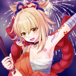 Rule 34 | 1girl, :d, arm up, armpits, bandages, black choker, blonde hair, breasts, chest sarashi, chest tattoo, choker, cleavage, commentary request, fireworks, genshin impact, highres, holding, horoyoi (juno), japanese clothes, kimono, looking at viewer, medium breasts, open mouth, orange kimono, partial commentary, sarashi, short hair, shoulder tattoo, smile, solo, strapless, tattoo, tube top, upper body, wrist wrap, yellow eyes, yoimiya (genshin impact)