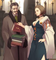 Rule 34 | 1boy, 1girl, absurdres, bambooale, beard, black choker, blue dress, blue eyes, book, book stack, breasts, brown eyes, brown hair, brown robe, choker, cleavage, closed mouth, coat, collared shirt, commentary, cowboy shot, dress, english commentary, facial hair, fire emblem, fire emblem: three houses, fur-trimmed coat, fur trim, goatee, green neckwear, hair slicked back, hand on own hip, hanneman von essar, highres, holding, holding book, indoors, large breasts, lips, looking at another, looking at viewer, manuela casagranda, mole, mole under eye, monocle, mustache, nintendo, open clothes, open coat, raised eyebrow, robe, shirt, short hair, side slit, sideburns, smile, smirk, smug, white shirt, wide sleeves