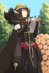 Rule 34 | 1girl, bare shoulders, black dress, blue sky, breasts, bridal gauntlets, brown hair, cleavage, clipboard, detached sleeves, dress, fate/apocrypha, fate (series), fur trim, gold trim, hard hat, helmet, highres, kamo ashi, large breasts, long hair, open mouth, pencil, pointy ears, semiramis (fate), sidelocks, sky, solo, spikes, tree, very long hair, yellow eyes