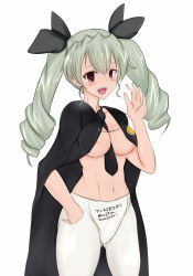 Rule 34 | 1girl, anchovy (girls und panzer), berumina, between breasts, breasts, cameltoe, cape, cleft of venus, drill hair, girls und panzer, green hair, hair ribbon, hand up, heart, heart-shaped pupils, highres, long hair, looking at viewer, medium breasts, navel, necktie, necktie between breasts, open mouth, pantyhose, price list, red eyes, ribbon, solo, symbol-shaped pupils, twintails, white background
