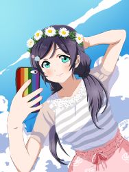 Rule 34 | 1girl, 2019, arm up, artist request, blush, cellphone, cloud, female focus, flower, flower wreath, green eyes, hair flower, hair ornament, hand on head, holding, holding phone, long hair, looking at viewer, love live!, love live! school idol festival, love live! school idol project, nail, nail polish, necktie, outdoors, phone, pink nails, purple hair, shirt, sky, smile, solo, striped clothes, striped shirt, tojo nozomi, valeriart