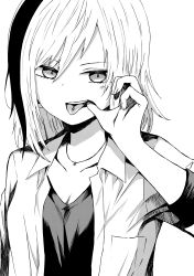 Rule 34 | 1girl, absurdres, breasts, collarbone, collared shirt, commentary, eyebrows hidden by hair, finger in own mouth, greyscale, highres, hyakkoku shiori, jewelry, kamatama, kuso zako choroin nishiga hachi, long hair, looking at viewer, monochrome, mouth pull, multicolored hair, necklace, open clothes, open shirt, piercing, shirt, simple background, sleeves rolled up, small breasts, solo, tongue, tongue out, tongue piercing, upper body, white background