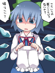 Rule 34 | 1girl, :o, bloomers, blue dress, blue eyes, blue hair, blush, bow, cirno, commentary, dark background, detached wings, dress, green bow, hair bow, hammer (sunset beach), holding, holding bloomers, ice, ice wings, long sleeves, looking at viewer, open mouth, pinafore dress, red ribbon, ribbon, shaded face, shirt, sleeveless dress, solo, speech bubble, sweat, touhou, translated, underwear, upper body, white shirt, wings