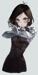 Rule 34 | 1girl, abs, akefumi, alita, antenna hair, battle angel alita, black bodysuit, bodysuit, breasts, brown eyes, brown hair, commentary request, covered navel, cropped legs, facial mark, fighting stance, grey background, highres, looking at viewer, mechanical arms, mechanical hands, navel, parted bangs, parted hair, parted lips, short hair, simple background, solo, toned, v-shaped eyebrows