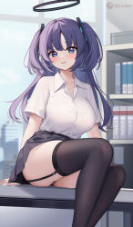 Rule 34 | 1girl, absurdres, artist name, black garter straps, black skirt, black thighhighs, blue archive, blue eyes, blue hair, blush, breasts, collarbone, collared shirt, feet out of frame, garter straps, halo, highres, icwine, indoors, large breasts, long hair, looking at viewer, parted bangs, parted lips, shirt, shirt tucked in, short sleeves, sitting, skirt, solo, thighhighs, thighs, two side up, yuuka (blue archive)