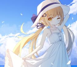 Rule 34 | 1girl, arm up, bare arms, bare shoulders, blue bow, blue ribbon, blue sky, bow, breasts, cloud, cloudy sky, collarbone, commentary request, day, dress, hair ornament, hair ribbon, hairclip, hand on headwear, hat, hat bow, horizon, long hair, looking at viewer, low twintails, ocean, one eye closed, original, outdoors, pointy ears, ribbon, sky, sleeveless, sleeveless dress, small breasts, solo, squirrel girl (yuuhagi (amaretto-no-natsu)), twintails, very long hair, water, white dress, white hat, yellow eyes, yuuhagi (amaretto-no-natsu)