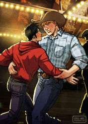 Rule 34 | 2boys, alternate costume, alternate universe, bara, black hair, blonde hair, blue shirt, collared shirt, couple, cowboy hat, cowboy western, cris art, dancing, denim, eye contact, feet out of frame, hand on another&#039;s back, happy, hat, hood, hoodie, hulkling, jeans, layered shirt, leather belt, long sideburns, looking at another, male focus, marvel, multiple boys, pants, red hoodie, shirt, short hair, sideburns, sleeves rolled up, smile, thick eyebrows, toned, toned male, wiccan, yaoi