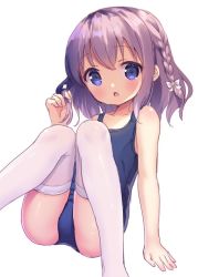 Rule 34 | 1girl, arm support, bare arms, bare shoulders, blue one-piece swimsuit, blush, bow, braid, chestnut mouth, chitosezaka suzu, commentary request, copyright request, feet out of frame, hair bow, knees together feet apart, long hair, old school swimsuit, one-piece swimsuit, parted lips, purple eyes, purple hair, school swimsuit, side braid, simple background, single braid, sitting, solo, swimsuit, thighhighs, white background, white bow, white thighhighs